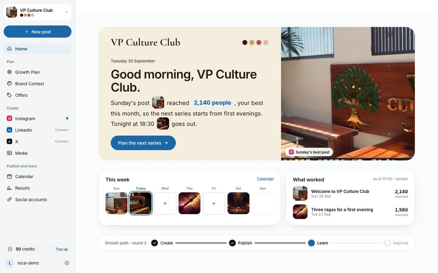 The Explode Publicly Home screen for VP Culture Club: a three-line brief, last week’s best post, this week’s posts by day and what worked.