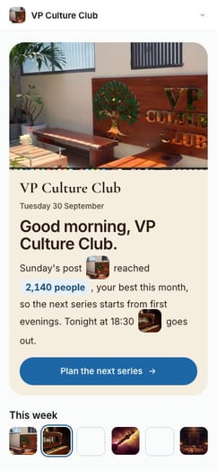 The Home screen on a phone for VP Culture Club: last week’s best post, the brief and this week’s posts.