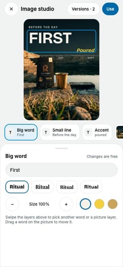 The Image studio on a phone for Raw Origins: the poster, its versions, its word layers and the brand fonts.